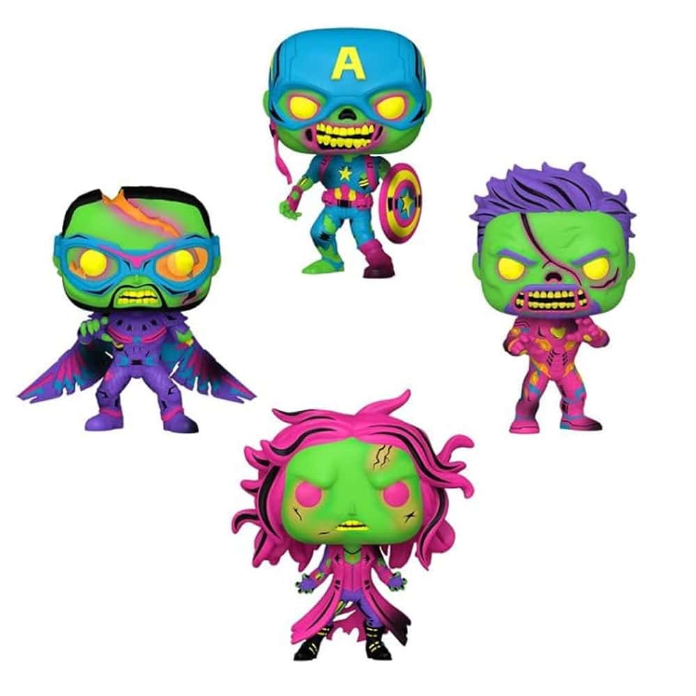 Funko POP! Marvel What If – Zombie Captain America / Zombie Iron Man / Zombie Falcon / Zombie Scarlet Witch (Black Light)