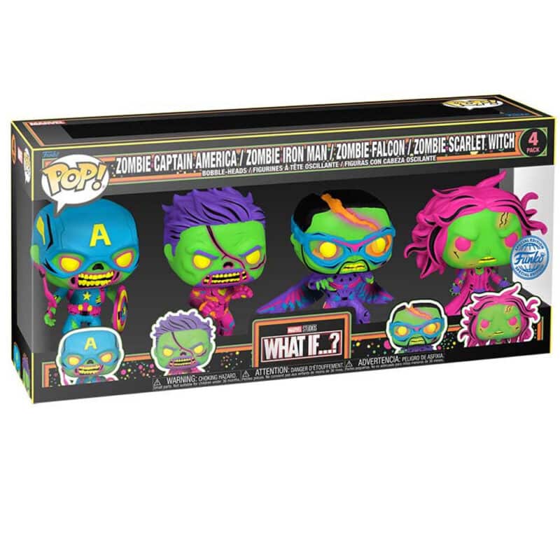 Funko POP! Marvel What If – Zombie Captain America / Zombie Iron Man / Zombie Falcon / Zombie Scarlet Witch (Black Light)